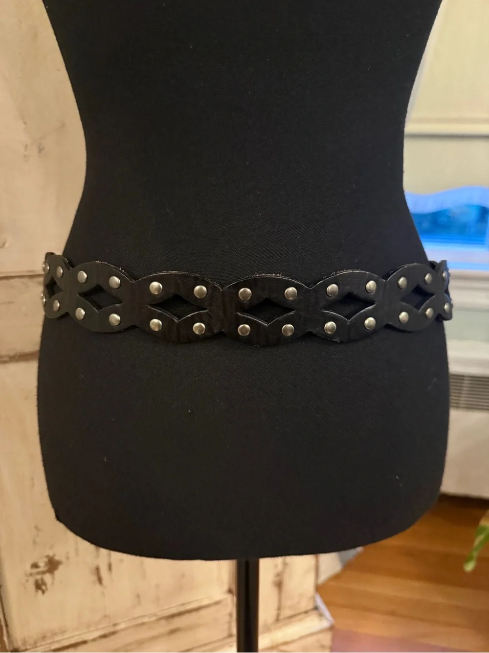 Fossil Black leather boho belt with silver buckle and studs. Medium